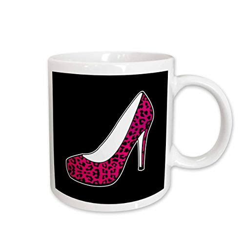 3dRose I Love Shoes Pink Cheetah High Heel Shoe on Black Ceramic Mug, 15-Ounce
