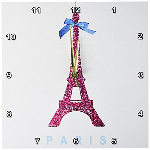 3dRose DPP_112907_2 Hot Pink Eiffel Tower from Paris with Girly Blue Ribbon Bow-White Stylish Parisian France Souvenir-Wall Clock, 13 by 13-Inch