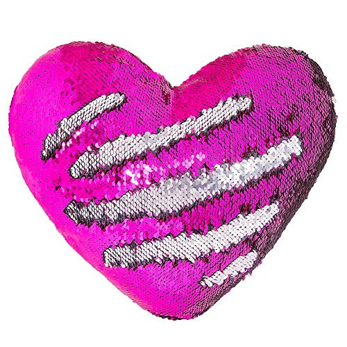 Play Tailor Mermaid Throw Pillow with Insert Reversible Sequins Pillow Heart Shape Decorative Cushion(13" x 15",Silver+Rose Red)