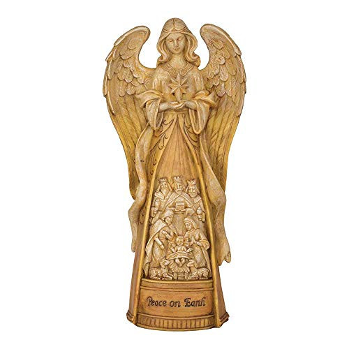 Dicksons Angel with Nativity Scene Natural Brown 13 inch Resin Stone Christmas Figurine