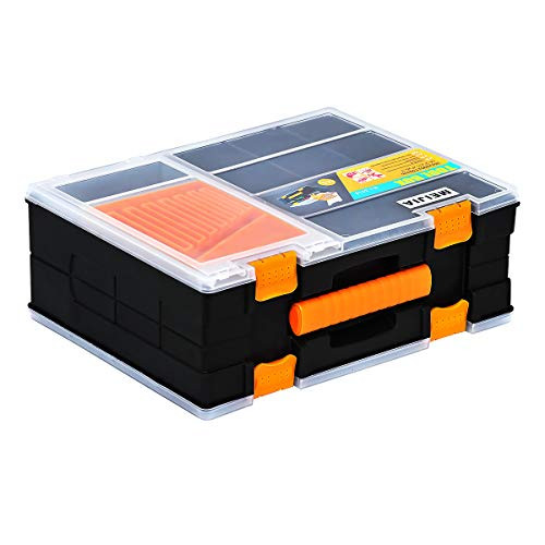 MEIJIA Plastic Tool Organizers With Double Trays And Removable Dividers,Plastic Storage Organizer Box,Black And Orange