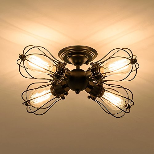 Industrial Light Fixture, Csinos Vintage Light Fixture Rotatable Semi-Flush Mount Ceiling Light Black Wire Cage Ceiling Light Fixture (4 Lights)