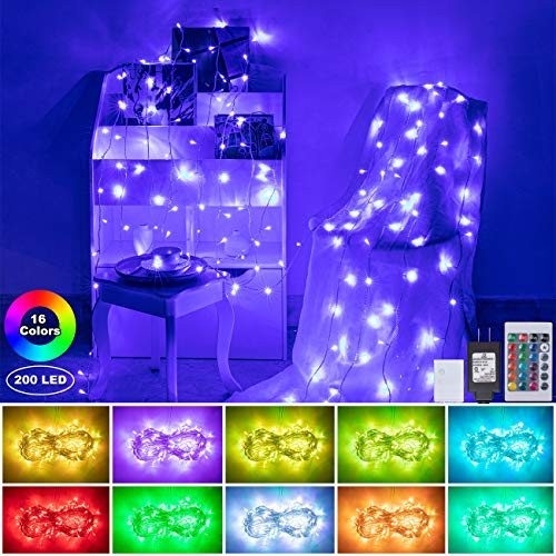 AWQ 66FT 200 LED Halloween Decoration Lights Fairy String Lights Plug in with Remote 16 Colors 4 Light Modes Function Extendable for Indoor Outdoor Holiday Halloween Christmas Garden Decor(RGB)