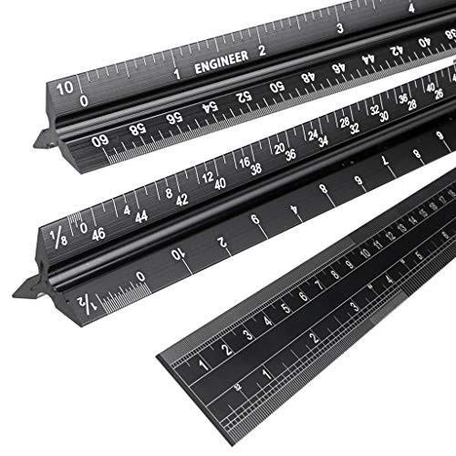 OwnMy 3 Pack 12 Inch Solid Aluminum Triangular Architect Scale Ruler Set, Architectural and Engineer Scale Ruler Set, Professional Laser Etched Scales Drafting Rulers for Civil Engineer (Black)