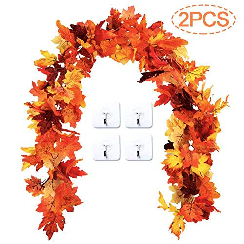 Molliy 6FT Fall Garland Artificial Maple Leaf Garland Autumn Decor Hanging Leaves Vines Door Fireplace Thanksgiving 2PCS