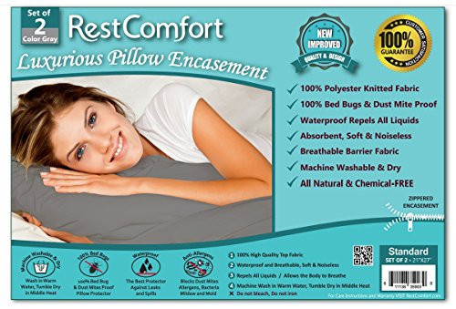 RestComfort Set of 2 Bed Bug and Dust Mite Bacteria, Allergy Proof/Waterproof Pillow Protectors - Hypoallergenic Breathable and Quite - Zippered Pillow Encasement, (Standard 21"x27", Gray)