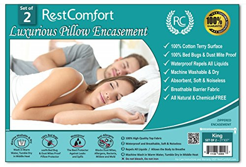 RestComfort Set of 2 Cotton Terry Pillow Protectors, Bed Bug & Dust Mite Bacteria, Allergy Proof/Waterproof Hypoallergenic Breathable & Quite - Zippered Pillow Encasement, (King 21"×37", White)