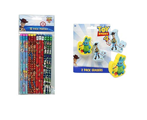 Disney Toy Story 4 School Bundle For Kids - 12 Wood Pencil Pack with 2 Erasers