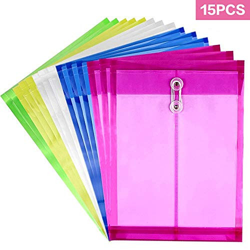 Moep Poly String Project Envelope with Expandable Gusset, A4 Size, Set of 15 Mix Colors, Water/tear Resistant-translucent