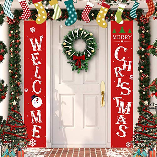 Latoy Merry Christmas Banners, Front Door Welcome Christmas Porch Banners Red Porch Sign Hanging Xmas Decorations for Home Wall Indoor Outdoor Decorations Latoy Merry Christmas Banners, Front Door Welcome Christmas Porch Banners Red Porch Sign Hanging Xmas Decorations for Home Wall Indoor Outdoor Decorations
