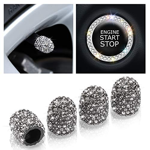 Otostar 4 Pack Valve Stem Caps Universal Bling Car Accessories Crystal Tire Valve Caps for Vehicle Bicycle Bonus Bling Engine Start Button Decoration (Grey)