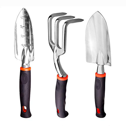 Hunting Friends Garden Tool Set, 3 Piece Aluminum Heavy Duty Gardening Kit Includes Hand Trowel, Transplant Trowel and Cultivator Hand Rake with Soft Rubberized Non-Slip Ergonomic Handle, Garden Gifts