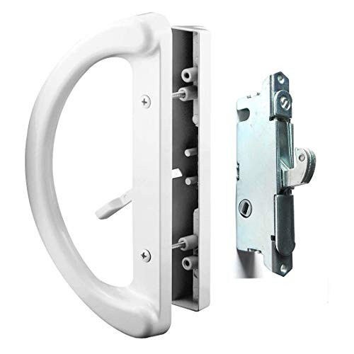 Patio Door Handle Set + Mortise Lock 45° Perfect Replacement for Sliding Glass Door Fits 3-15/16 Screw Hole Spacing, Non-keyed with Mortise Latch Locks,White Diecast,Reversible Design(Non-Handed)