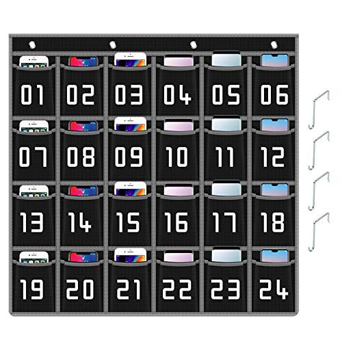 Classroom Pocket Chart for Cell Phones, Numbered Classroom Organizer Pocket Chart for Cell Phones Holder Door Hanging Calculator Organizer with 4 Metal Hooks Classroom Pocket Chart (Black-24grid)
