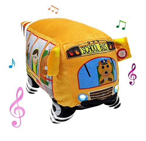 Bundaloo Animated Plush Musical School Bus - Soft Plush Toy Plays Wheels on The Bus Song - Shakes and Bounces - Lips Move and Headlights Light Up - Fun Gift for Babies and Toddlers (School Bus)