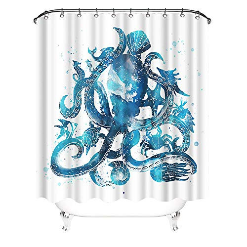 VividHome Octopus Shower Curtain Blue Sea Animals Shower Curtain Durable Fabric Bath Curtain Ocean Waterproof Bathroom Curtain with 12 Hooks 72x72inch