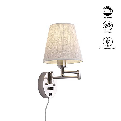 Bedside Wall Mount Light with Dimmable Switch and USB Port, Swing Arm Fabric Shade Wall Sconce Light with Plug in Cord, Wall Lamp Perfect for Bedroom, Living Room and Hotel