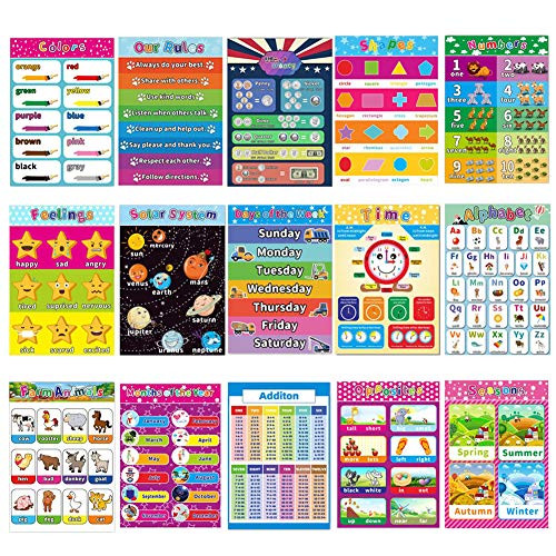 Upriver 15 PCS Educational Preschool Posters for Toddlers and Kids, Laminated Preschool Posters with Glue Point Dot, Preschool Poster Alphabet and Number for Nursery Home School Kindergarten Classroom