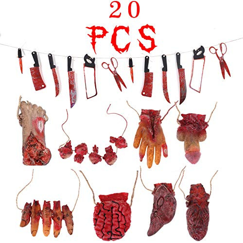 Ujuuu 12PCS Halloween Blood Weapon Banner+8PCS Blooding Broken Body Parts for Haunted House Halloween Zombie Vampire Party Decorations