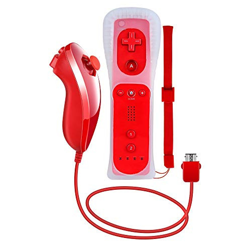 Remote and Nunchuck for Wii, Uniway Game Controllers for Wii U/Wii with Silicone Case and Wrist Strap -Red