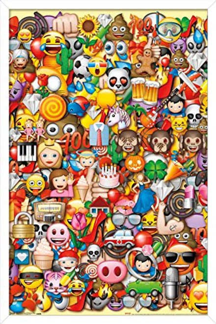 Trends International Emoji - Lots of Characters Collage, 14.725" x 22.375", White Framed Version
