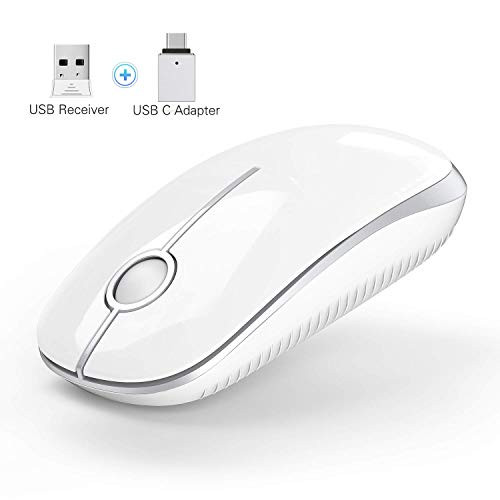 Wireless Mouse, Vssoplor 2.4G Slim Mute Portable Silent Computer Mice with USB Receiver and Type-C Adapter for Notebook, PC, Laptop, Computer, MacBook-White and Silver