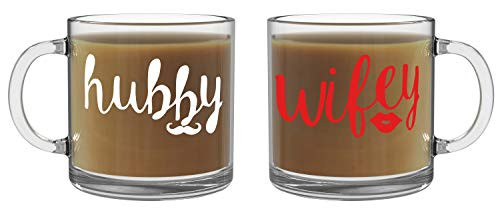 Wifey and Hubby Couples Sets - 13oz Glass Coffee Mug Couples Sets - Funny His and Her Gifts - Husband and Wife Anniversary Presents - By CBT Mugs