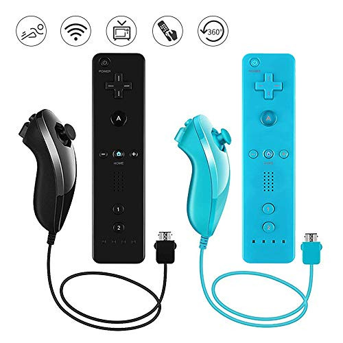 Lactivx 2 Packs Nunchuck and Wii Remote Controller with Silicone Case and Strap Compatible with Wii Wii U Console (Blue and Black)