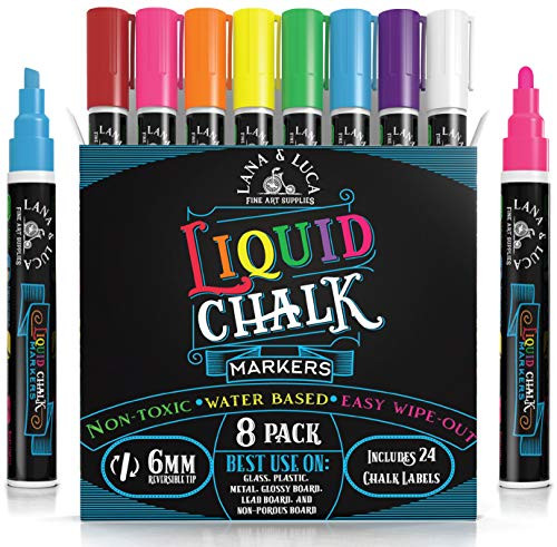 Liquid Chalk Markers for Blackboards - Bold Color Dry Erase Marker Pens - Chalk Markers for Chalkboards Signs, Windows, Blackboard, Glass with 24 Chalkboard Labels Included - - 6mm Reversible Tip (8 P