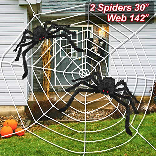 LUDILO 3PCS Halloween Spider Web Halloween Spider Decorations 142" Mega Spider Web 30" Giant Spider Huge Spider Web Indoor Outdoor Halloween Decorations Costume Party Garden Yard Haunted House Décor