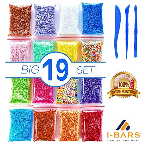 Foam Beads for Slime | Micro Floam Beads 16 Pack | Craft Foam Beads for Soft Clay | Colorful Micro Foam Beads Balls for DIY Slime | 16 Bags (80000) Foam Balls and 3 Slime Tools | Newest 2018 |