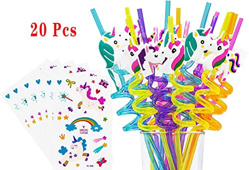 Reusable Unicorn Straws-Unicorn Birthday Party Supplies-Plastic Drinking Straws for Girls Unicorn Birthday Party Decorations,Set of 26(20 Unicorn Straws+6 Unicorn Temporaty Tattoos)