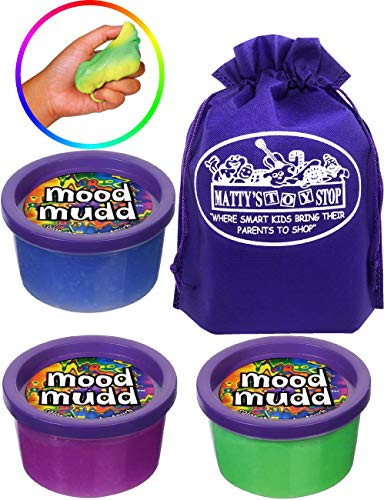 Toysmith Mood Mudd (Heat Sensitive & Color Changing Slime/Putty) Gift Set Party Bundle with Bonus Matty's Toy Stop Storage Bag - 3 Pack (Assorted Colors)