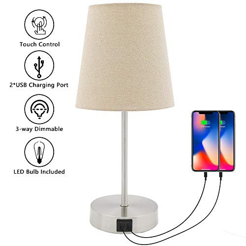 Yueximei Touch Control Table Lamp,3 Way Dimmable,2 USB Charging Ports,E26 Bedside Table Lamps,Nightstand Lamp for Bedroom, Living Room ,Dorm or Office(LED Bulb Included)