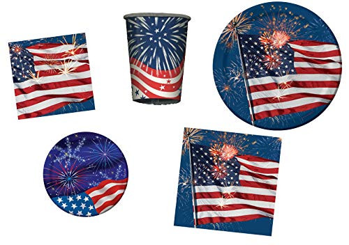 Fireworks Finale and Fireworks Party Pack with Dinner Plate, Beverage Napkins, Luncheon Napkins and Fireworks Dessert Plates, Paper Cups
