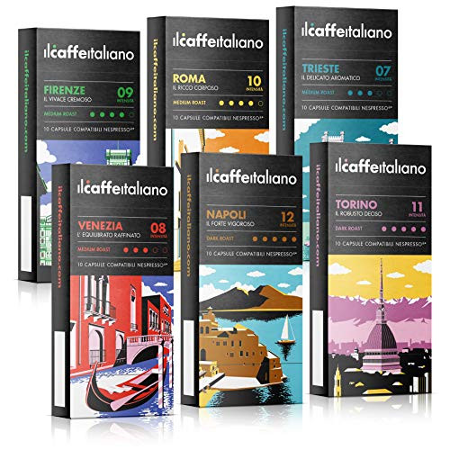 Il Caffé Italiano Coffee, Capsules Compatible with Nespresso OriginalLine, Certified Genuine Tour D'Italia Variety Pack, 60 Espresso Pods, Roasted in Sicily, Happiness Guaranteed Il Caffé Italiano Coffee, Capsules Compatible with Nespresso OriginalLine, Certified Genuine Tour D'Italia Variety Pack, 60 Espresso Pods, Roasted in Sicily, Happiness Guaranteed