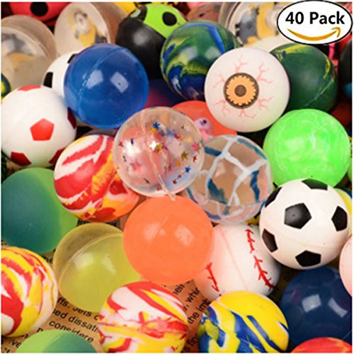 40 Piece Bouncing Bouncy Balls Bulk Set, Assorted Colorful Neon Mixed Pattern Designs for Kids Playtime, Party Favors, Prizes, Birthdays & More, 25mm