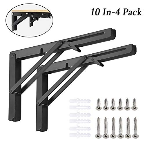 Folding Shelf Brackets, Heavy Duty Metal Triangle Shelf Bracket, DIY Bracket Folding Shelf Hinge Wall Mounted, Max Load: 150lb, for Table Work Bench Space Saving (10 Inch-4 pcs, Black)