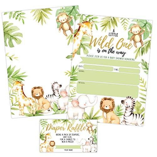 Jungle Baby Shower Invitations, Safari Elephant, Giraffe, Lion and Monkey Baby Shower Invites with Diaper Raffles Cards, Sprinkle, 20 Invites Including Envelopes