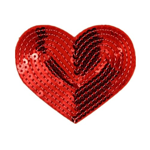 Ximkee Pack of 10 Shiny Heart Sequins Iron on Applique Embroidered Patches-Red
