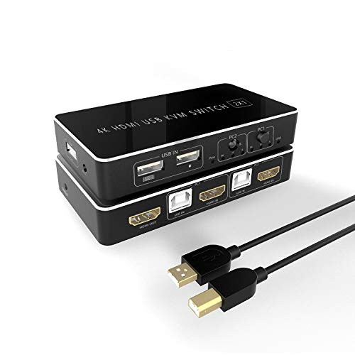 KVM HDMI USB Switch, 4K HDMI Switcher 2 in 1 Out for 2 Computers Share Keyboard Mouse Printer Monitor Support 4Kx2K@60Hz 3D for Laptop,PC,PS4,Xbox HDTV, with 2X USB Cable,1x Switch Button Cable