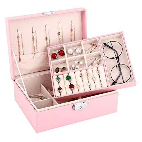 Emibele Jewelry Box Organizer, 2-Layer Lockable Jewelry Box, Soft Velvet Lining Ring Earrings Holder Necklace Bracelet Jewelry Display Storage Case Gift for Women Girls - Pink Emibele Jewelry Box Organizer, 2-Layer Lockable Jewelry Box, Soft Velvet Lining Ring Earrings Holder Necklace Bracelet Jewelry Display Storage Case Gift for Women Girls - Pink