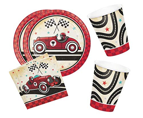 Vintage Race Car Birthday Party Bundle 7" Plates (16) Cups (16) Napkins (16)