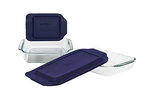 Pyrex Basics Clear Glass Baking Dishes, 1 (3 Quart) Oblong Dish and 1 (2 Quart) Square Dish with Blue Plastic Lids