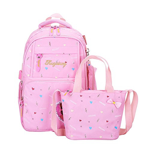 Adanina Cute Bowknot Pretty Girl Elementary School Backpack Heart/High Heels Prints Primary Bag Suit with Handbag Pencil Case