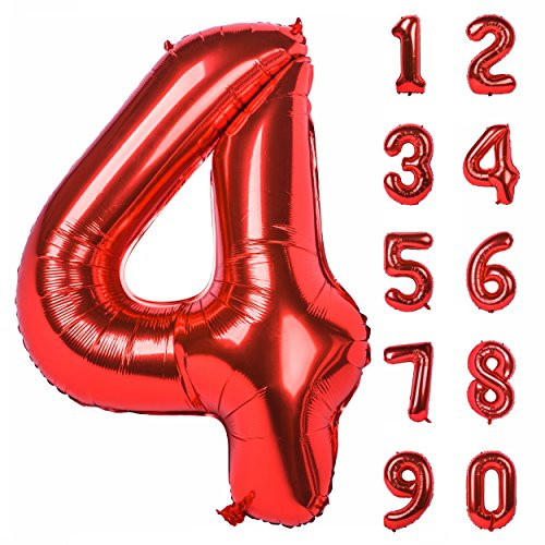 40 inch Red Large Numbers 0-9 Birthday Party Decorations Helium Foil Mylar Big Number Balloon Digital 4