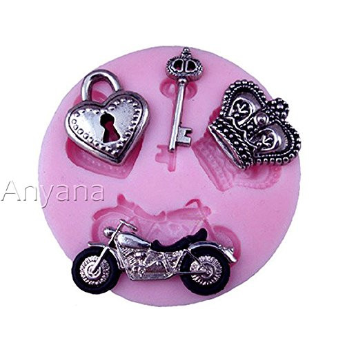 Anyana mini Motorcycle Baking Molds Lock Key Silicone Fondant molds crown Cake Decorating Tools Gumpaste cupcake topper decorations fashion resin Clay Chocolate Candy Molds Non stick easy to use