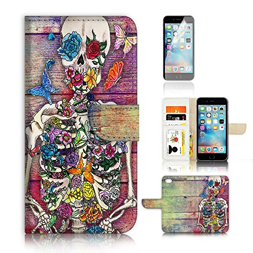 ( For iPhone 6 Plus 5.5' / iPhone 6S Plus 5.5') Flip Wallet Case Cover and Screen Protector Bundle A20325 Sugar Skull Skeleton
