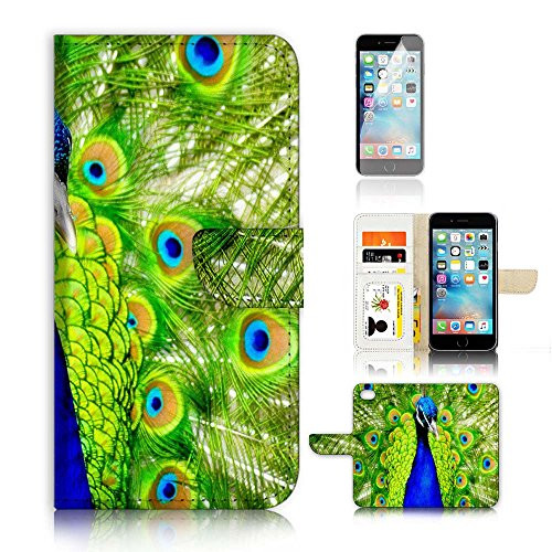 ( For iPhone 6 6S 4.7') Flip Wallet Case Cover and Screen Protector Bundle A20081 Peacock Tail
