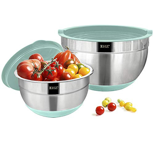 EHZ Mixing Bowls Stainless Steel, Prep Salad Bowl Set with Lids Non-slip Silicone Bottom Nesting Mixing Bowl for Cooking, Baking, Prepping & Food Storage (Aqua-4pcs)
